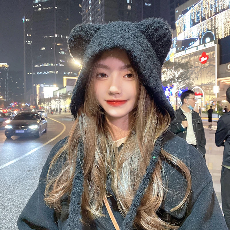 保暖针织帽大头围护耳帽子系绳长带子可爱小熊毛线帽女冬季显脸小