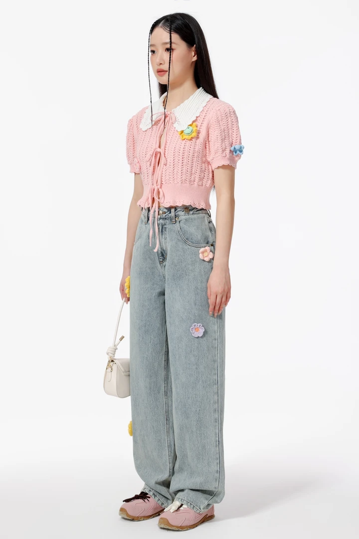 设计师品牌YANGHAIYANG2024新款立体小花针织上衣