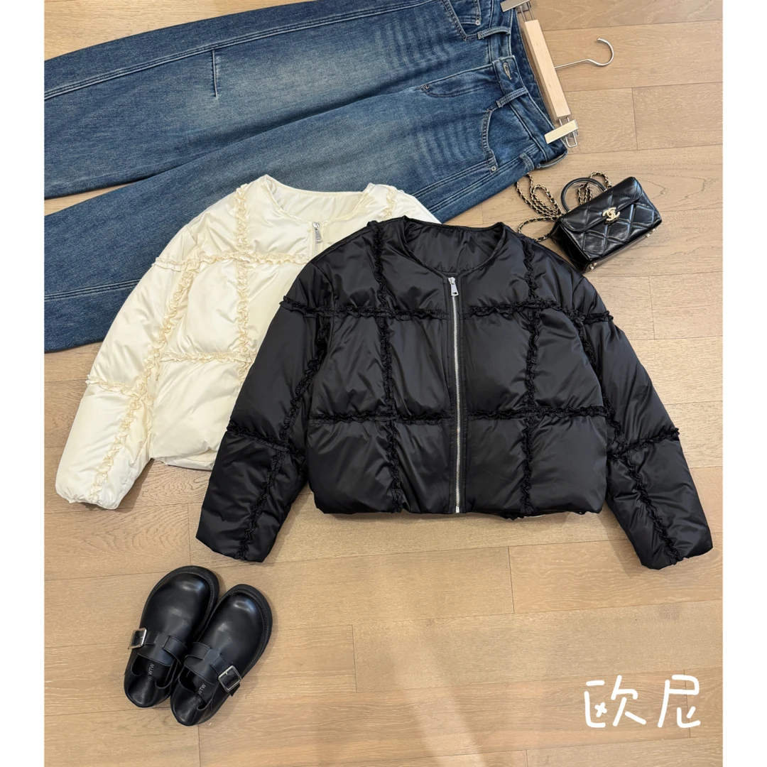 欧尼私服 小众设计款韩版高腰圆领长袖白鸭绒 2412B5901