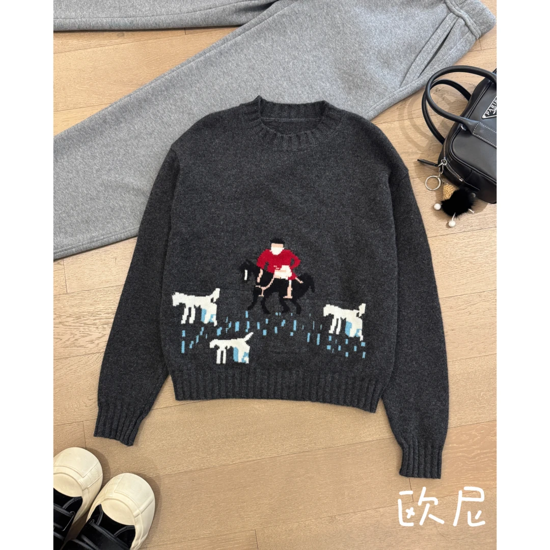 欧尼私服 小众设计款极简百搭卡通图案针织毛衣 2412B5813