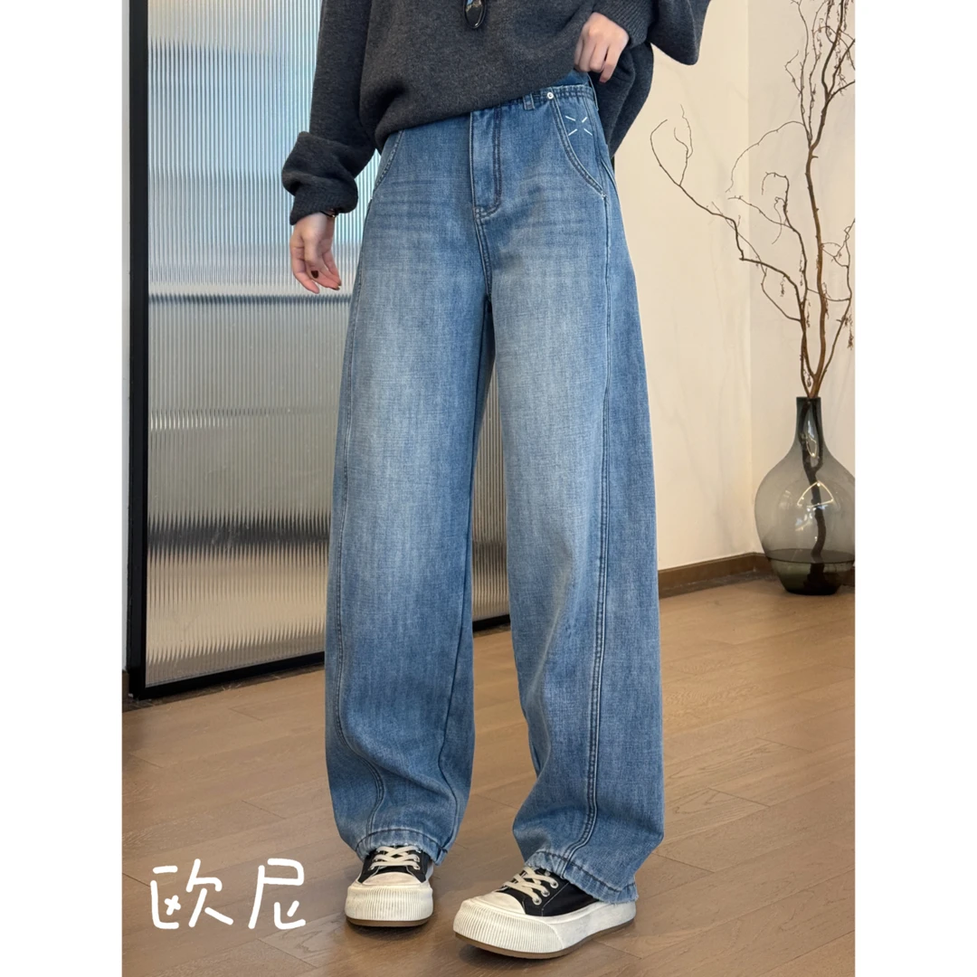 欧尼私服 小众设计款极简百搭明线四角标弯刀牛仔裤 2411B5790