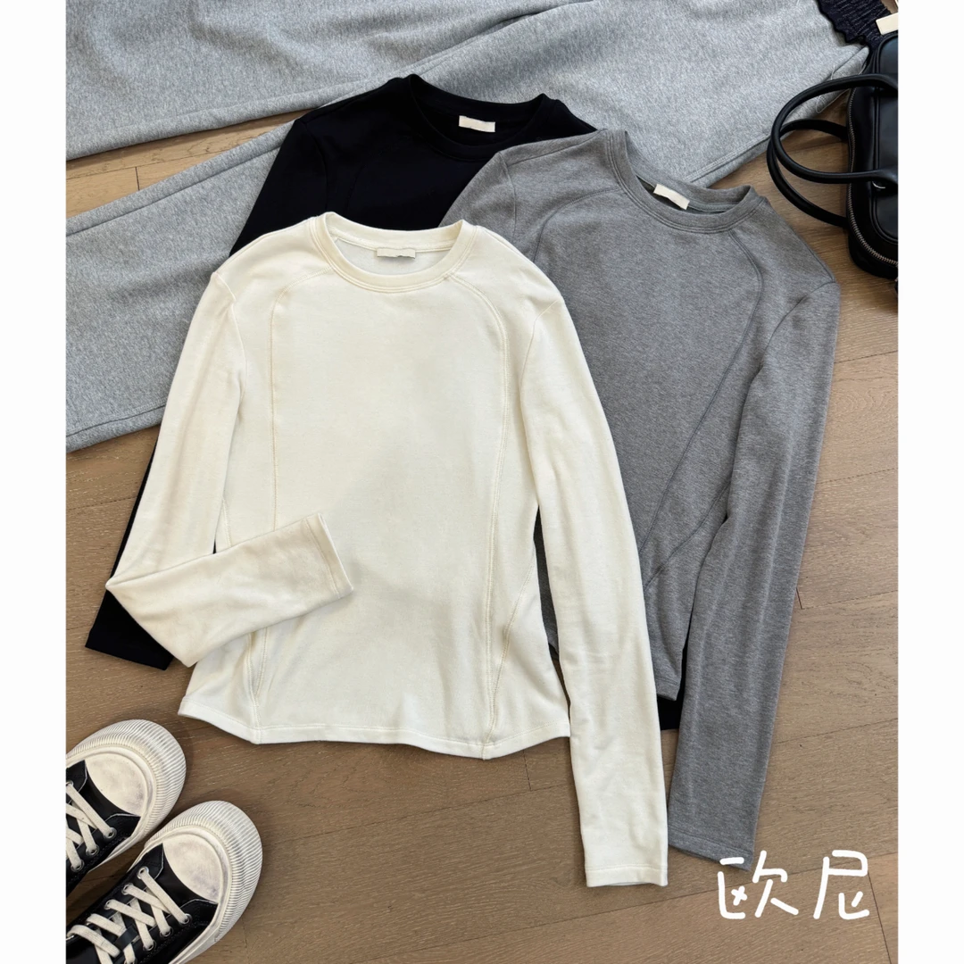 欧尼私服 2024秋冬时尚百搭圆领加绒针织打底上衣 B4774