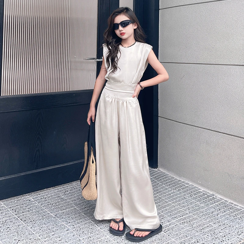 女童夏季无袖薄款套装2024洋气新款儿童中大童6-12岁15时髦阔腿裤