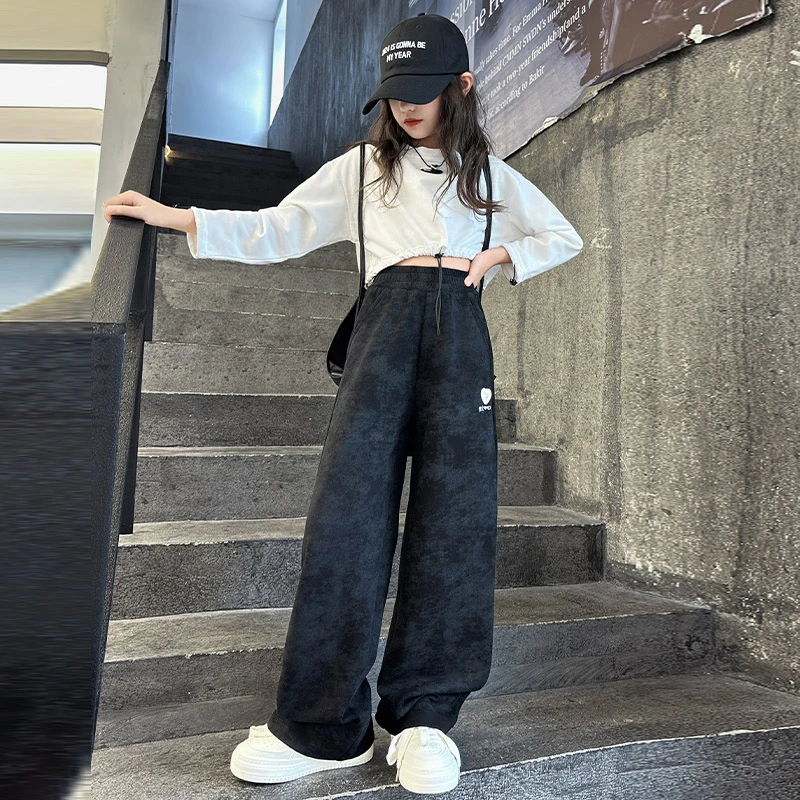 女童春秋时尚套装2024新款洋气儿童中大童6-12岁15岁炸街直筒裤潮