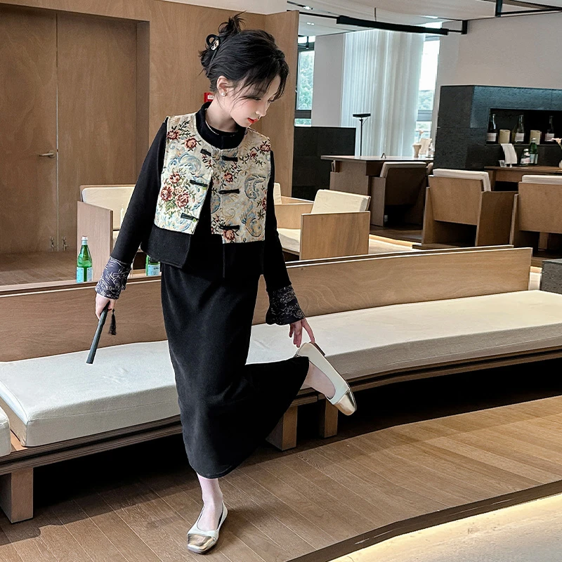 女童春秋新中式马甲套装裙6-12岁15岁2024新款高级感中国风三件套