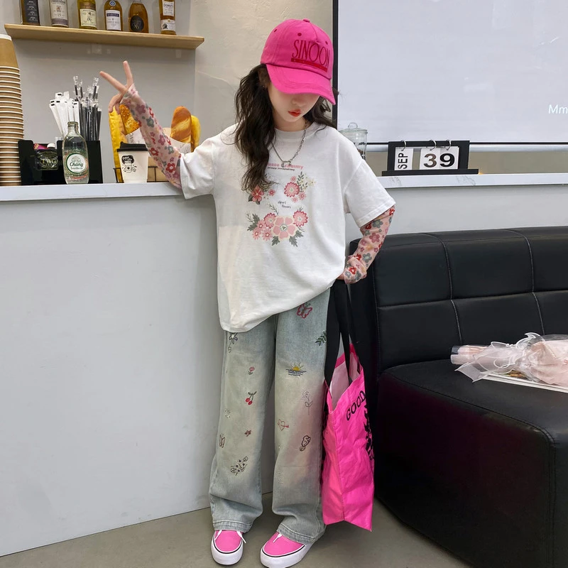 女童长袖夏季长袖2024新款洋气儿童冰爽中大童8-15网红直筒阔腿裤