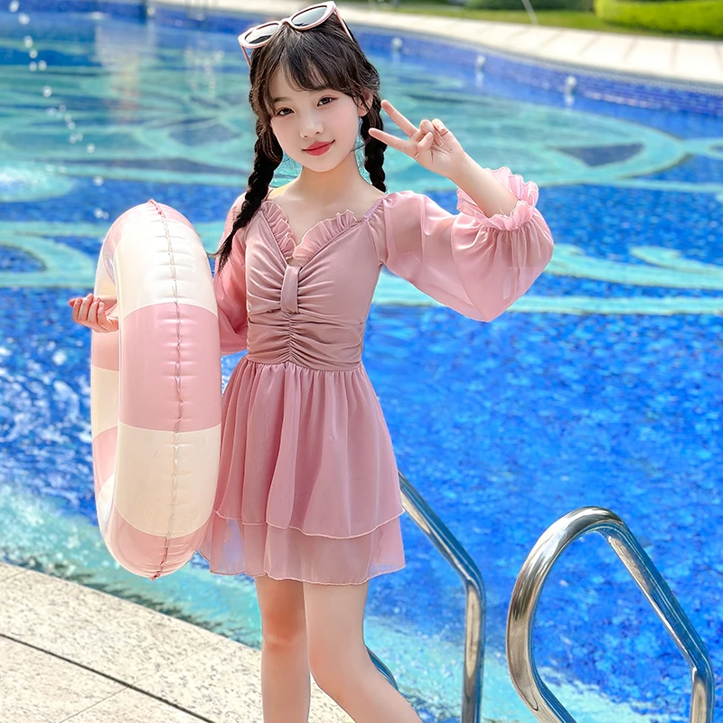 女童夏季速干长袖泳衣205新款洋气儿童中大童8-15岁甜美连体泳装