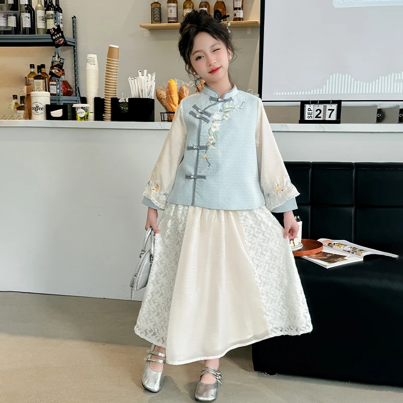汉服女童连衣裙春秋2024新款古装中大儿童6-12岁15女孩民国风唐装