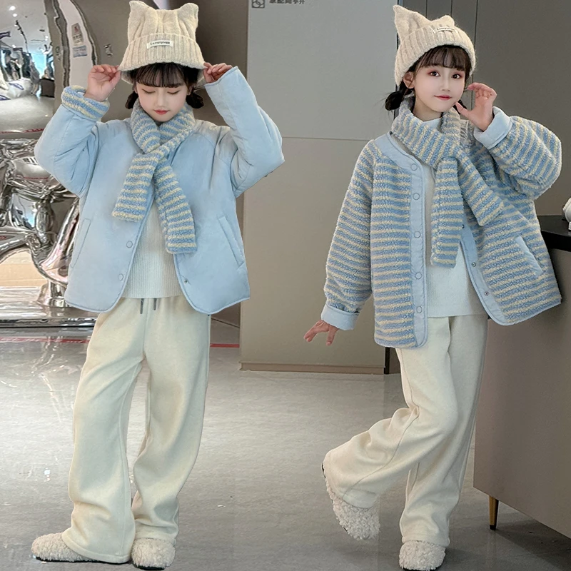 女童秋冬夹棉外套2025新款6-12岁15岁冬季中大儿童休闲时尚毛毛衣