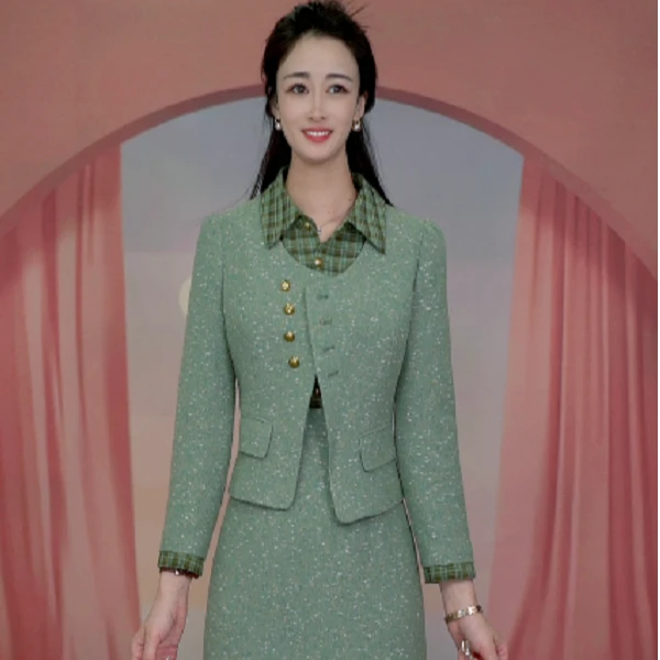 新款精致时尚格纹拼接修身显瘦套装两件套M-4XL