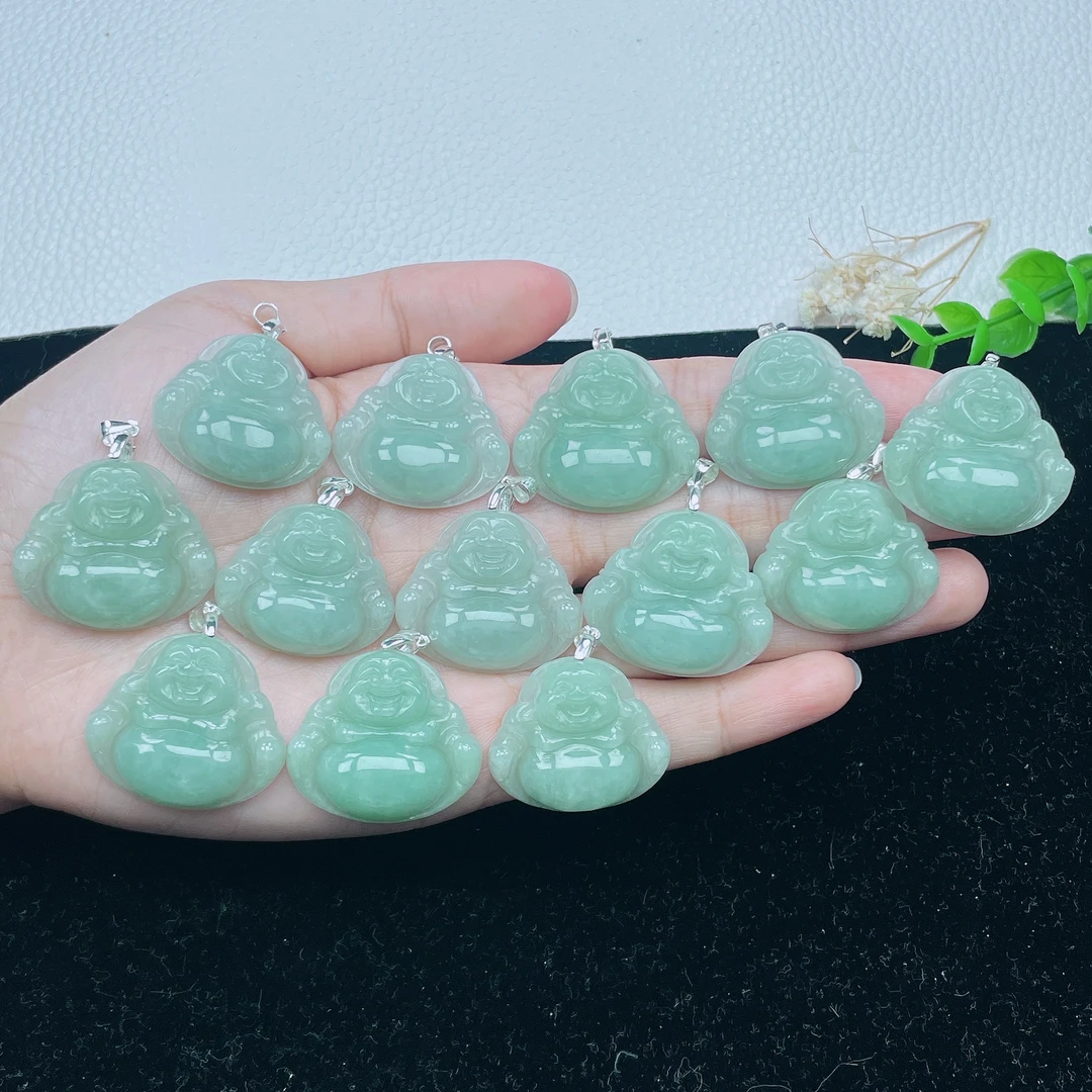 925银镶缅甸天然翡翠A货满绿浅绿佛公挂件吊坠 多样性发货发其一