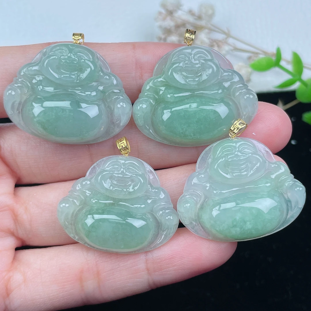 18K金镶嵌天然翡翠A货冰飘绿佛公挂件吊坠 多样性发货发其一