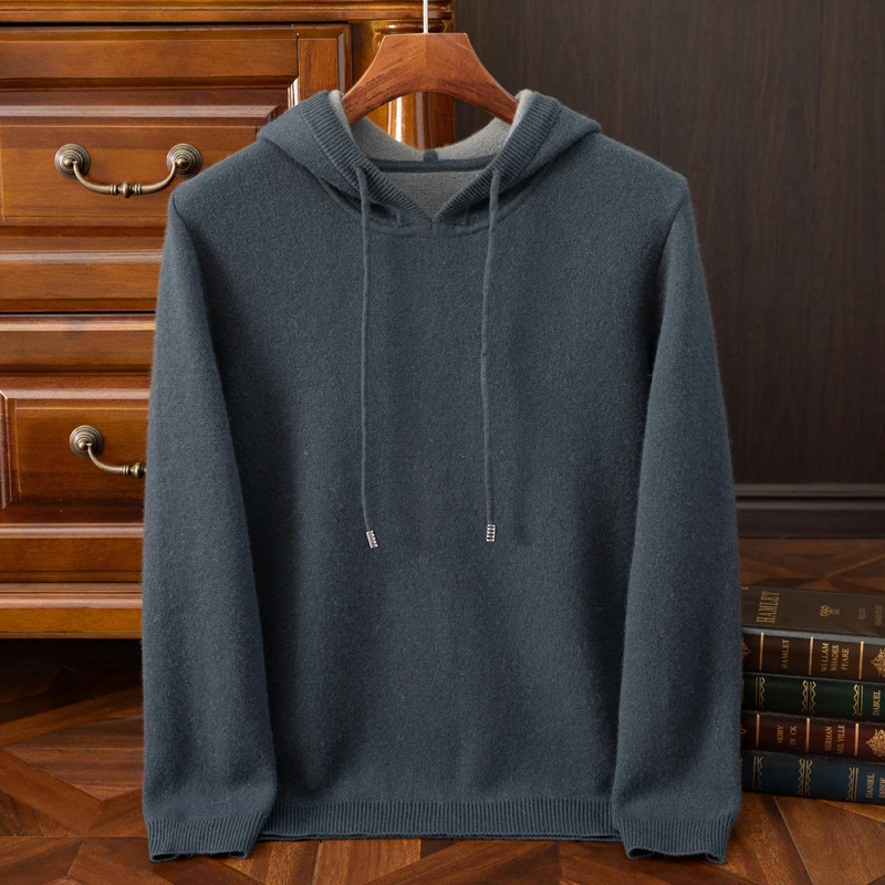 冬季100%纯羊绒卫衣男套头双层加厚重磅毛衣连帽羊绒衫休闲帽衫