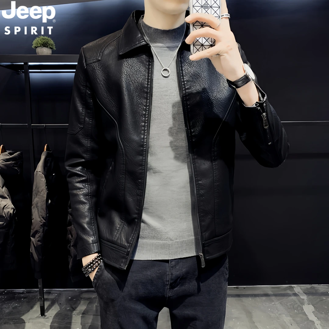 Jeep吉普海宁高档翻领皮衣外套男士春秋季休闲时尚百搭机车皮夹克