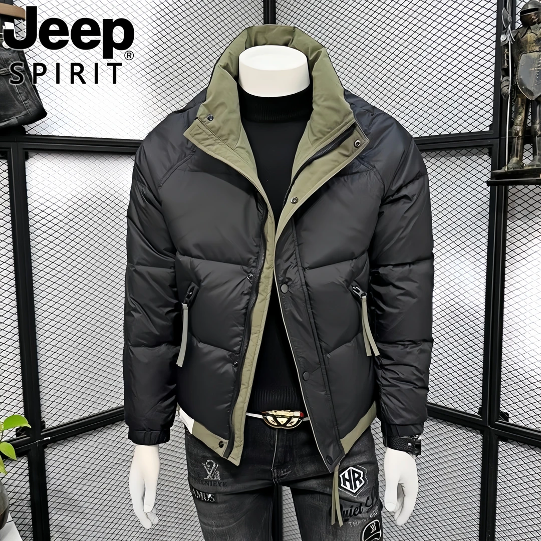 Jeep吉普羽绒服男士冬季新款潮牌青年短款时尚加厚立领拼色外套潮