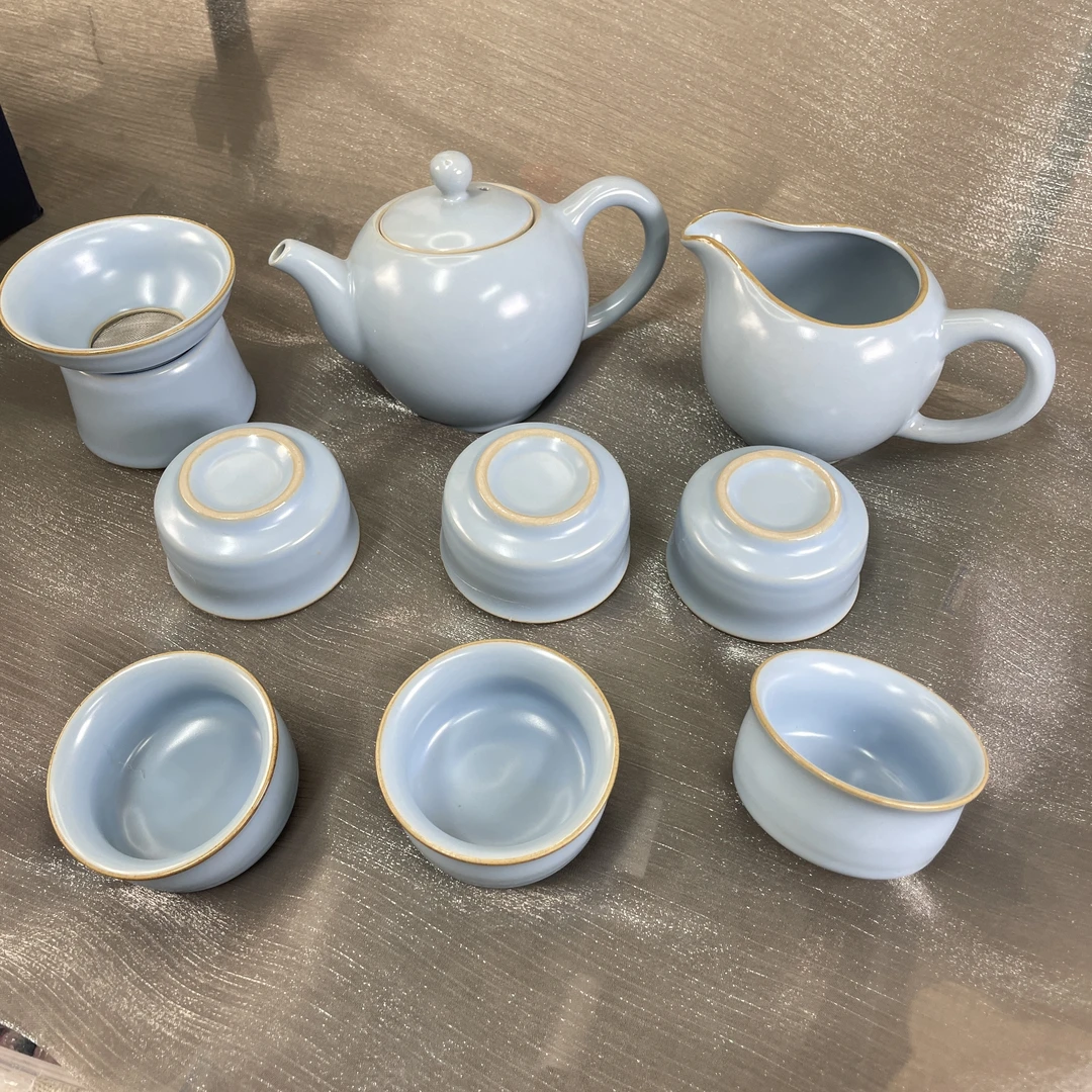 包邮手工青瓷古典巨划算天青高档淄博博山陶瓷汝窑十件套茶具套装