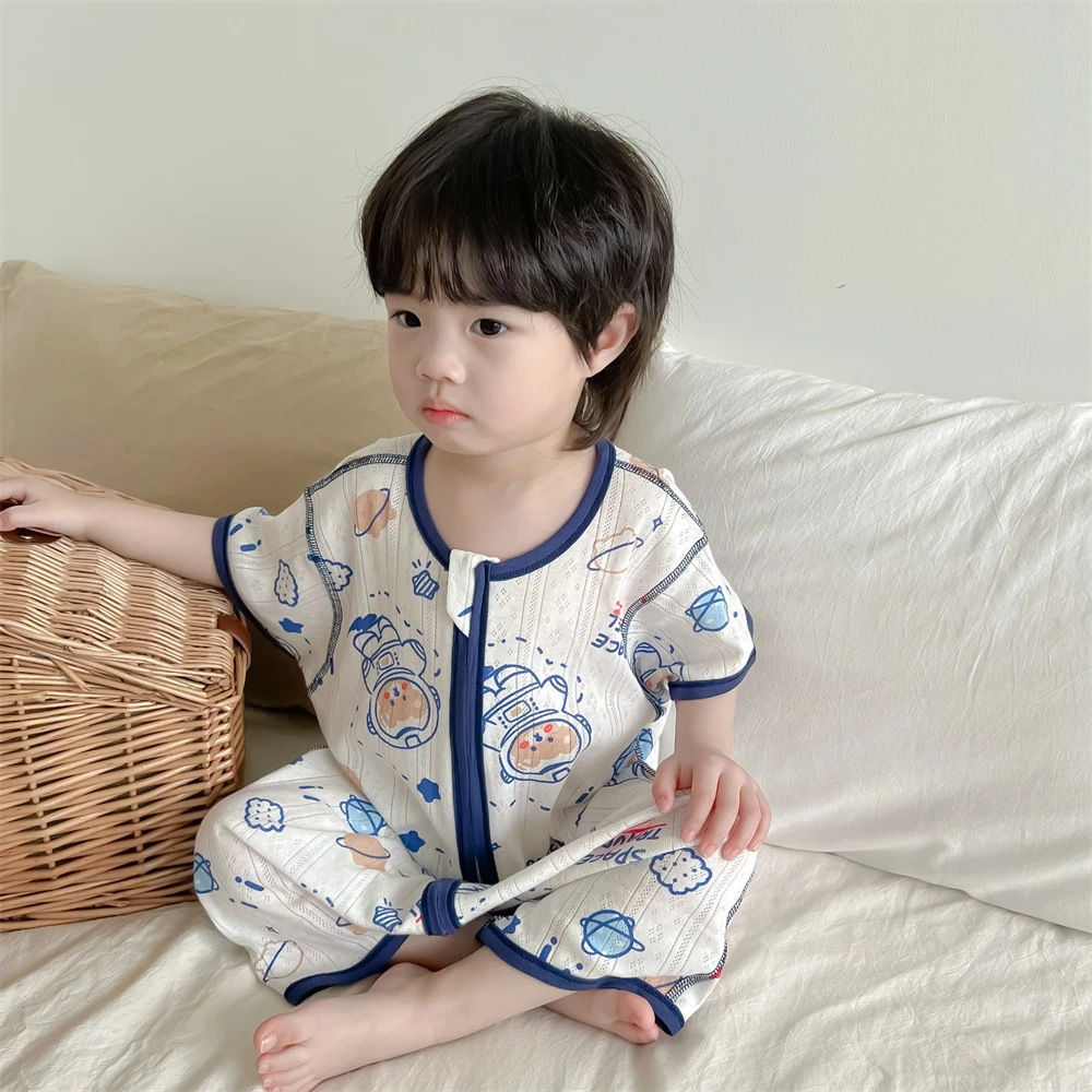 男宝夏季薄款短袖短裤儿童睡袋连体衣婴儿纯棉分腿男童女童防踢被