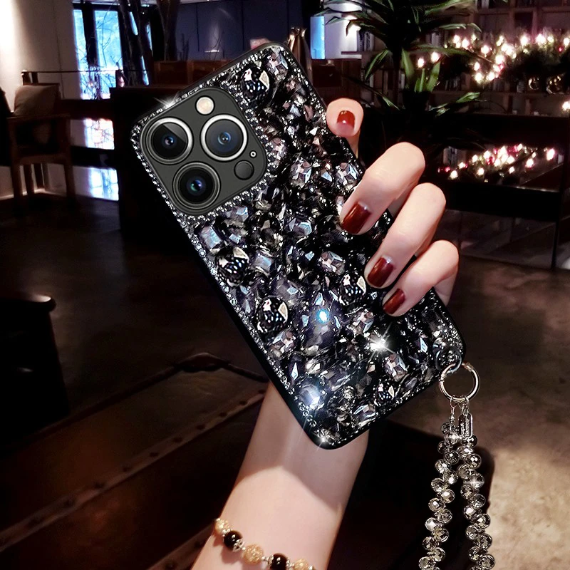 适用苹果15promax手机壳新款15pro满钻15plus全包防摔15手链女款