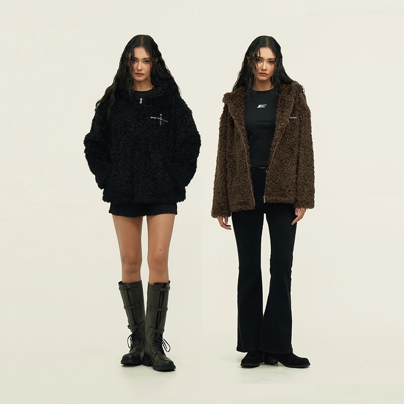 11E 毛绒拉链十字刺绣毛绒绒外套宽松柔软男女连帽外套