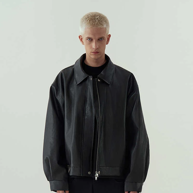 11E cleanfit短款廓形翻领机车皮衣男女简约复古皮夹克外套潮美式