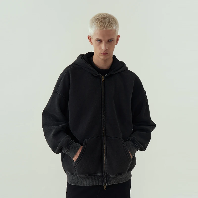 11E cleanfit水洗做旧拉链卫衣复古廓形基础落肩连帽拉链卫衣