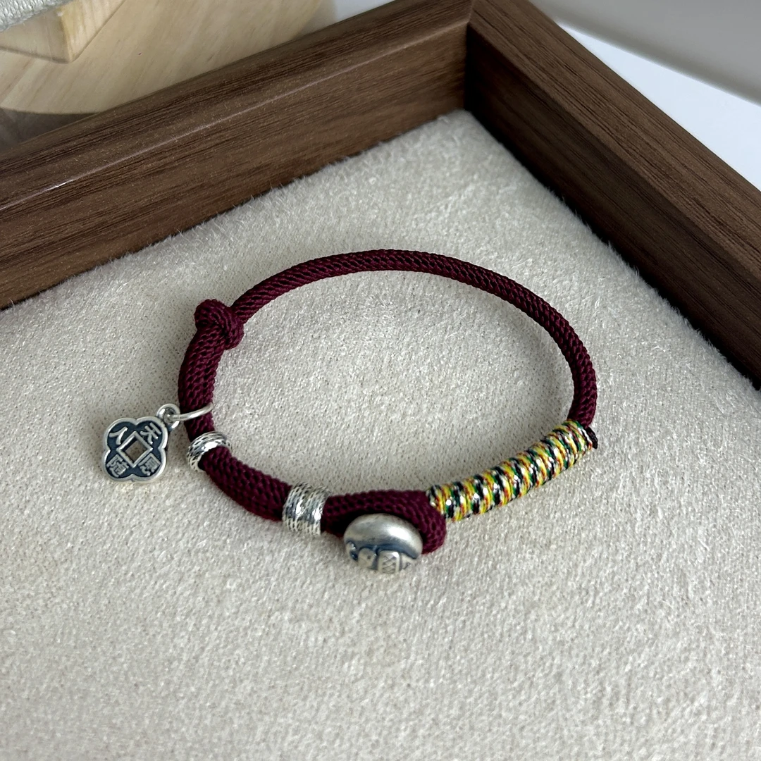 足银手链 足银手工情侣编织红绳编绳民族风祝福吉祥天赐良机手绳
