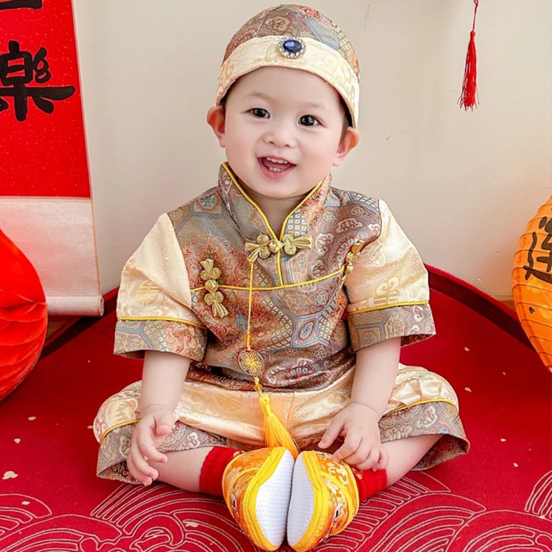 新中式儿童唐装夏季宝宝百天生日一周岁抓周礼服男童周岁喜庆冠衣