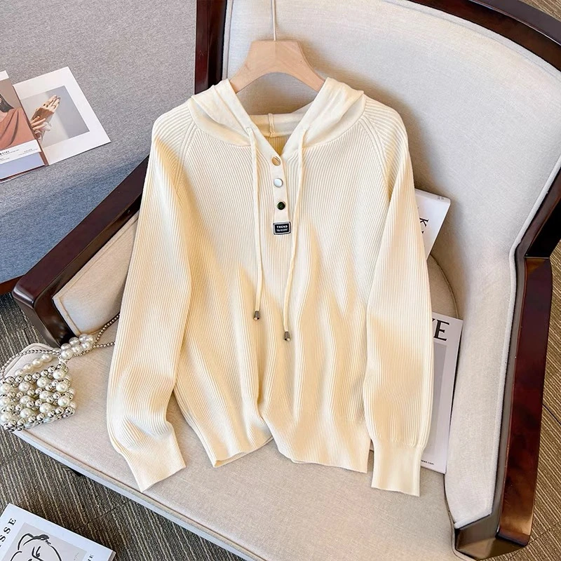 2024秋冬款连帽抽绳针织衫 纯色小个子长袖针织打底衫休闲上衣