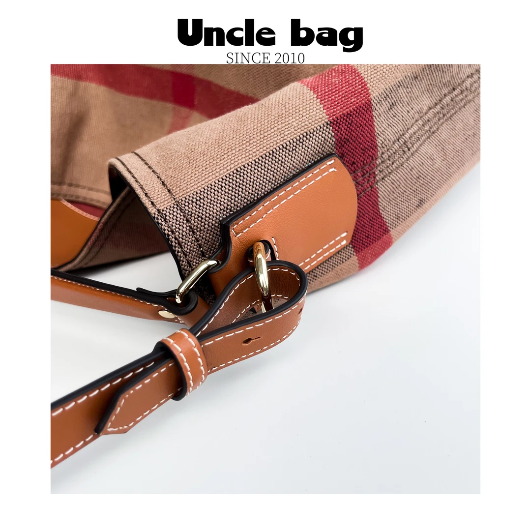 贰店-黄麻格子拼头层牛皮水桶包可单肩可腋下可斜挎时尚休闲百搭