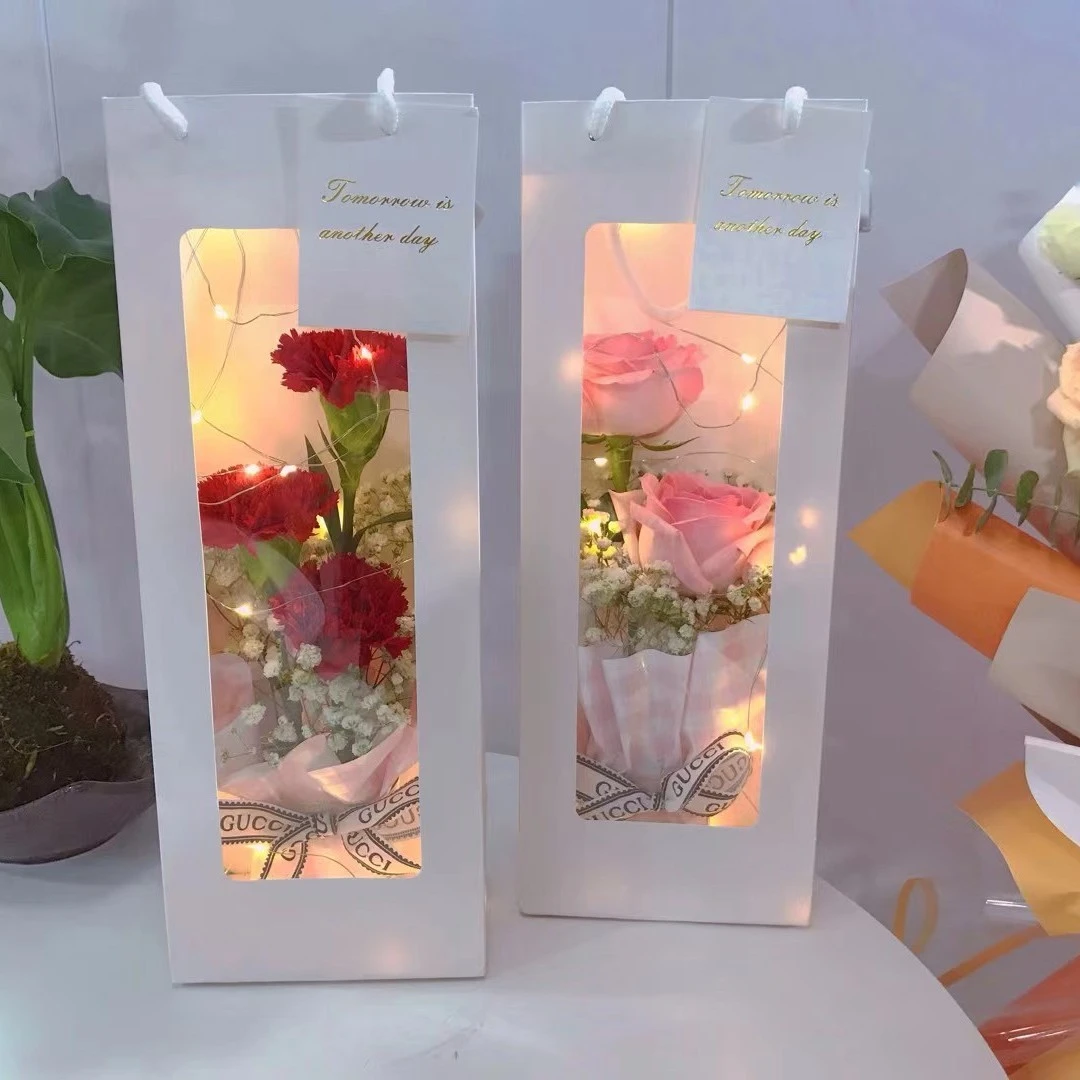 教师节单支橱窗袋母亲节花束开窗手提袋透明开窗手提袋鲜花礼品袋