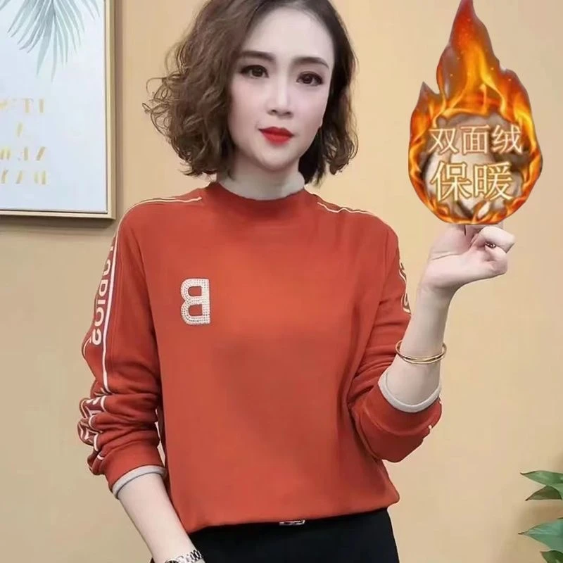 百搭秋冬新款时尚洋气显瘦高领保暖上衣T恤女气质加绒长袖打底衫