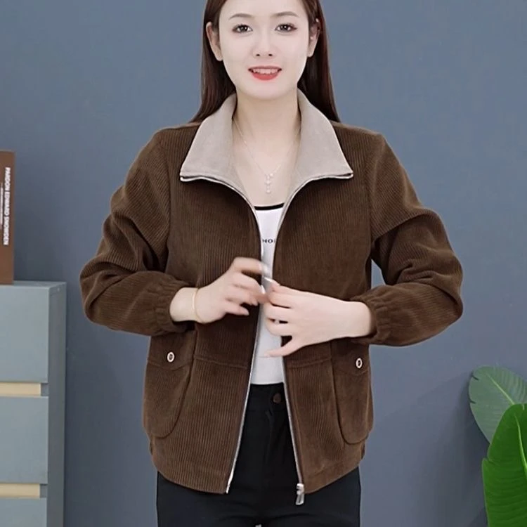 中年妈妈装外套女秋冬新款加绒加厚宽松显瘦翻领拉链长袖上衣女士