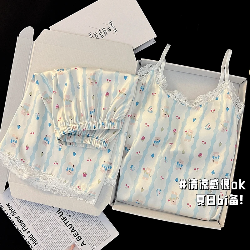 【田田家专属】夏季吊带冰丝睡衣女款带固定胸垫可爱甜美吊带两件套