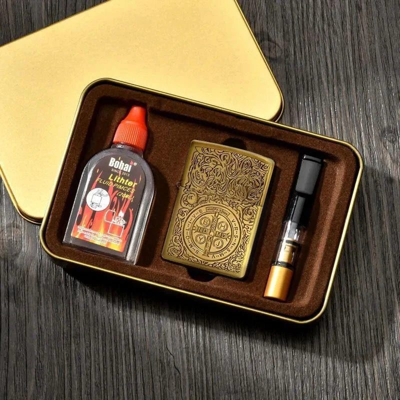 康斯坦丁打火机煤油青铜烟嘴套装创意手工浮雕老式复古礼盒男士