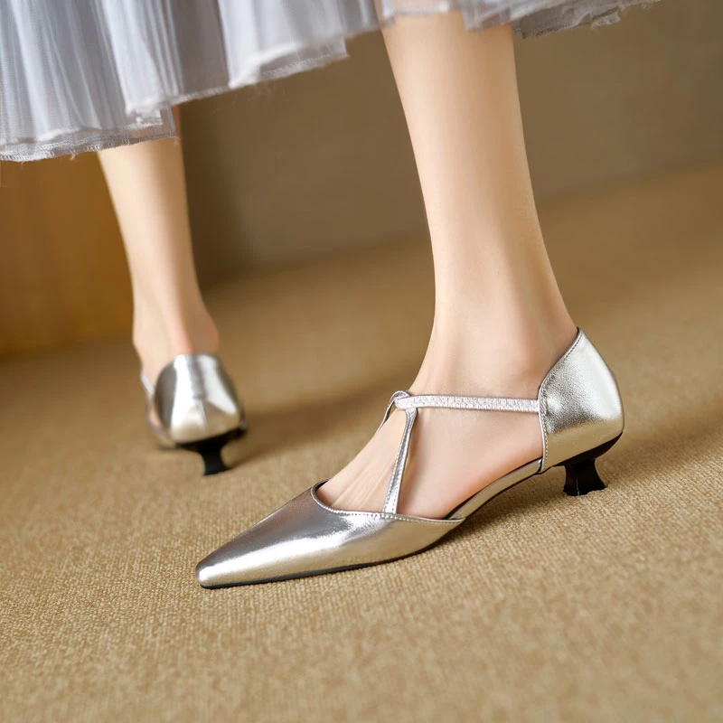 法式尖头酒杯跟银色中空高跟鞋女包头交叉扣带猫跟气质玛丽珍鞋