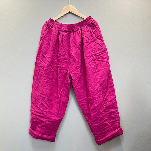 麻艺小铺-秋款休闲双层亚麻老爹裤高腰松紧腰宽松显瘦百搭女士