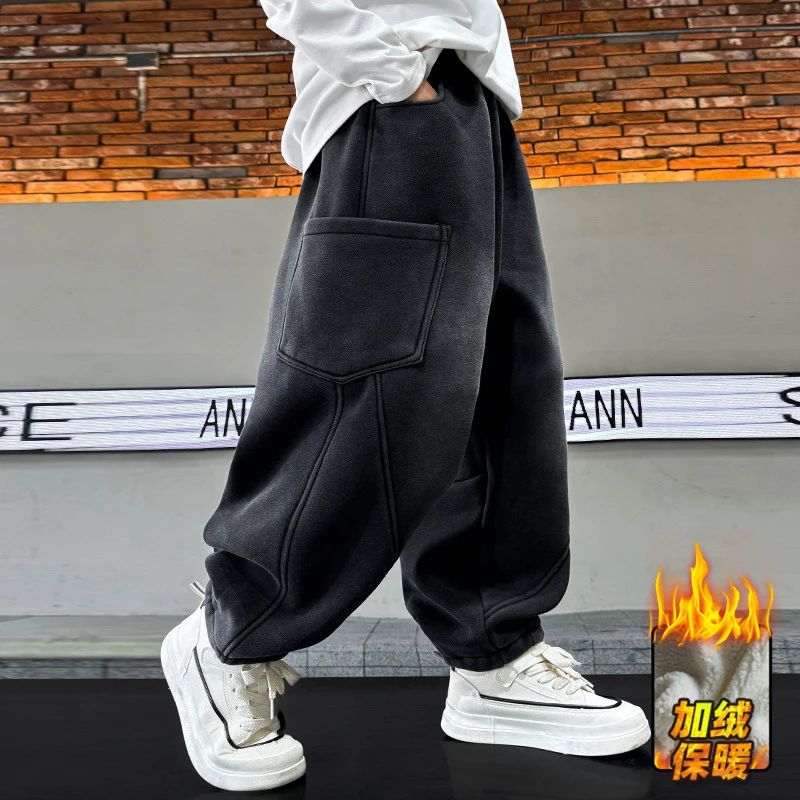 男童加绒裤子6-12岁潮款加绒裤2024新款中大童冬季男孩加厚运动裤