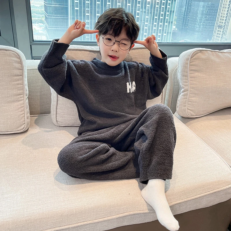 大童家居服男童12-15岁珊瑚绒睡衣秋冬款加厚冬季法兰绒家居服潮