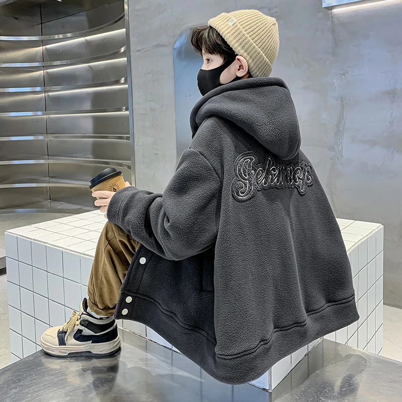 男童外套6-12岁潮款冬季摇粒绒2024新款大童秋冬款男孩加绒毛毛衣