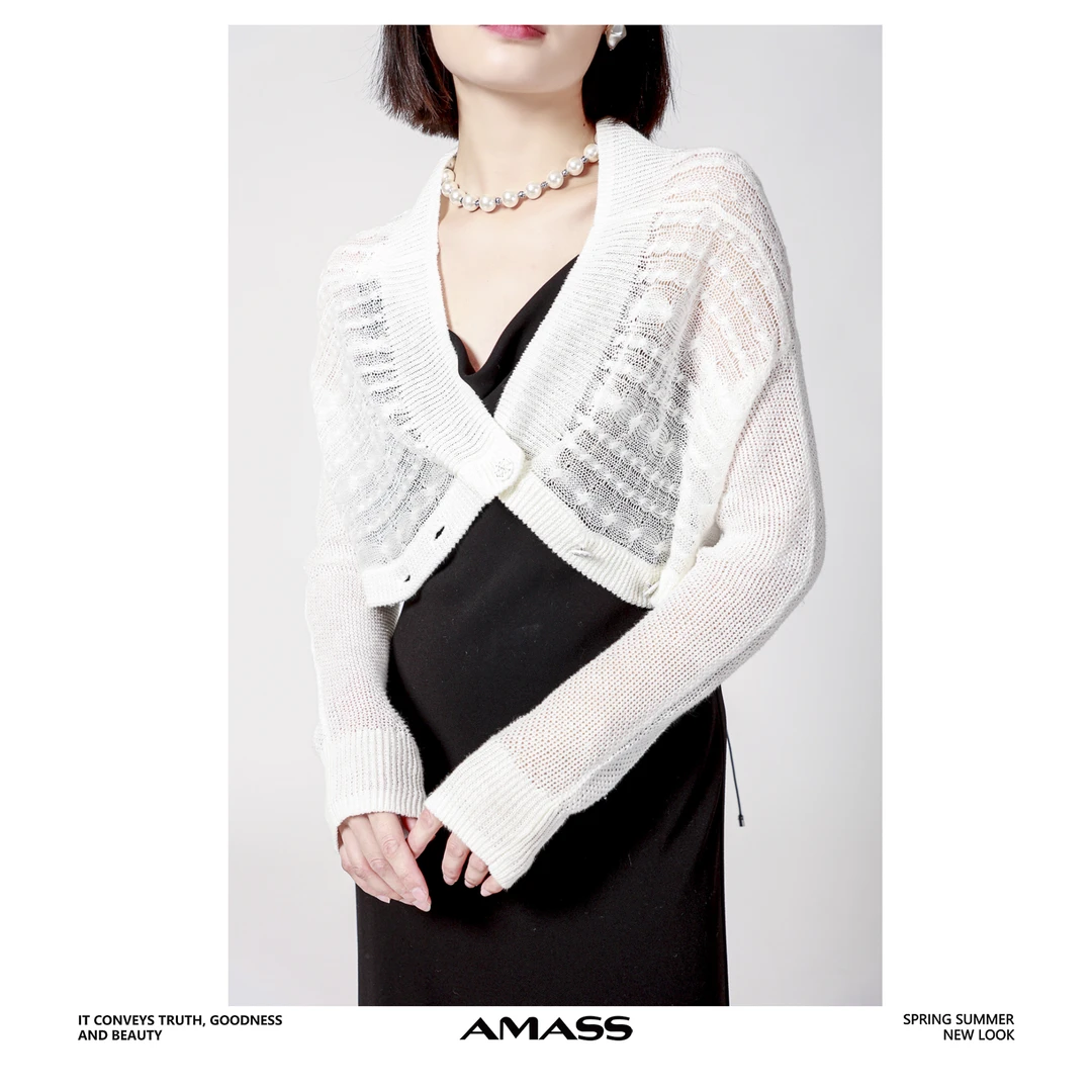 AMASS/阿玛施 5499211新款镂空气质亚麻针织开衫长袖针织衫时尚女