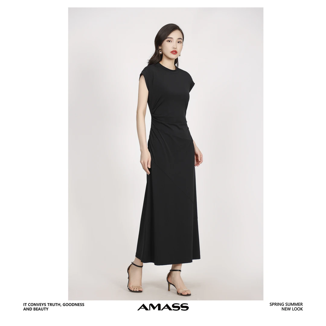 AMASS/阿玛施5500454-2 显瘦气质黑色修身女神无袖时尚连衣裙法式