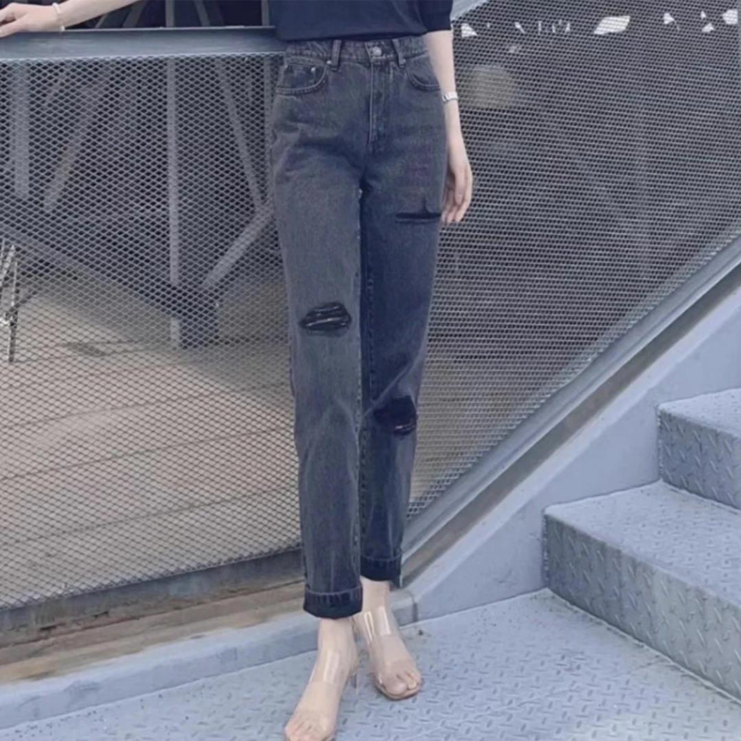 AMASS/阿玛施5100533 时尚女高腰休闲百搭显瘦弹力破洞牛仔裤韩版