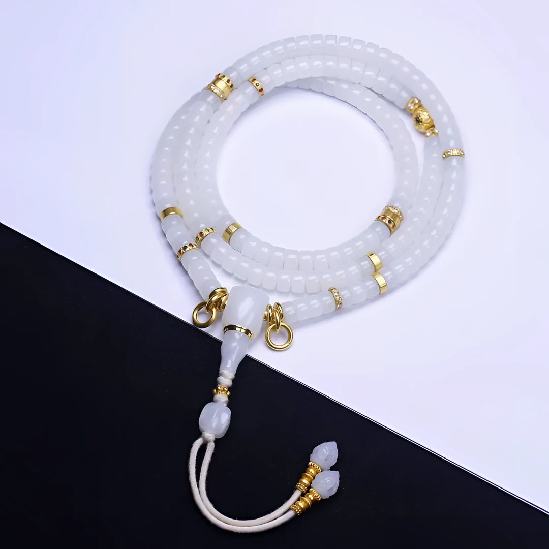 【左遇】和田玉6mm黑山羊脂直切药片套装18K金手串羊脂白玉老坑手持