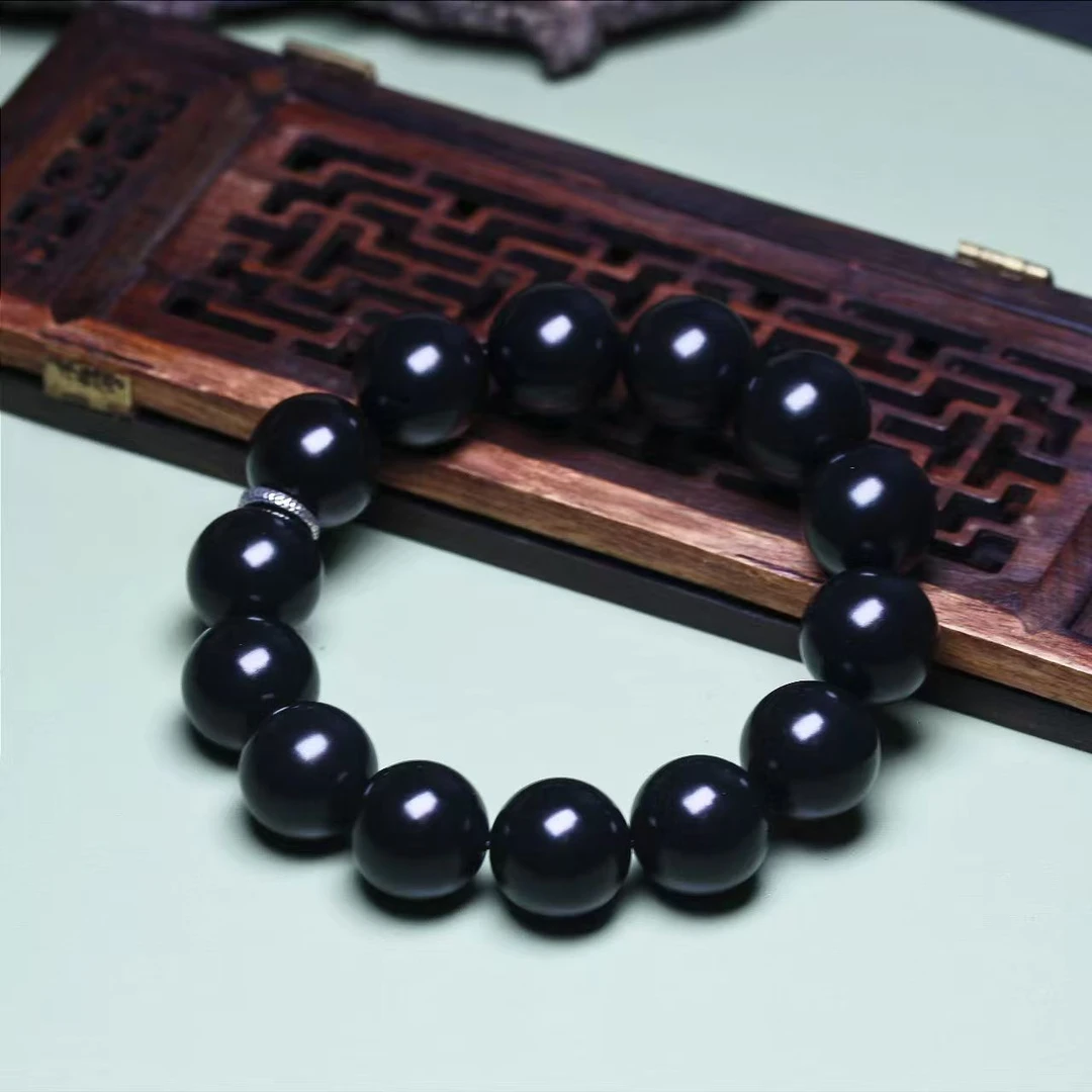【左遇】和田玉留皮黑青圆珠单圈手串黑羊脂单圈手串塔青大气盘玩