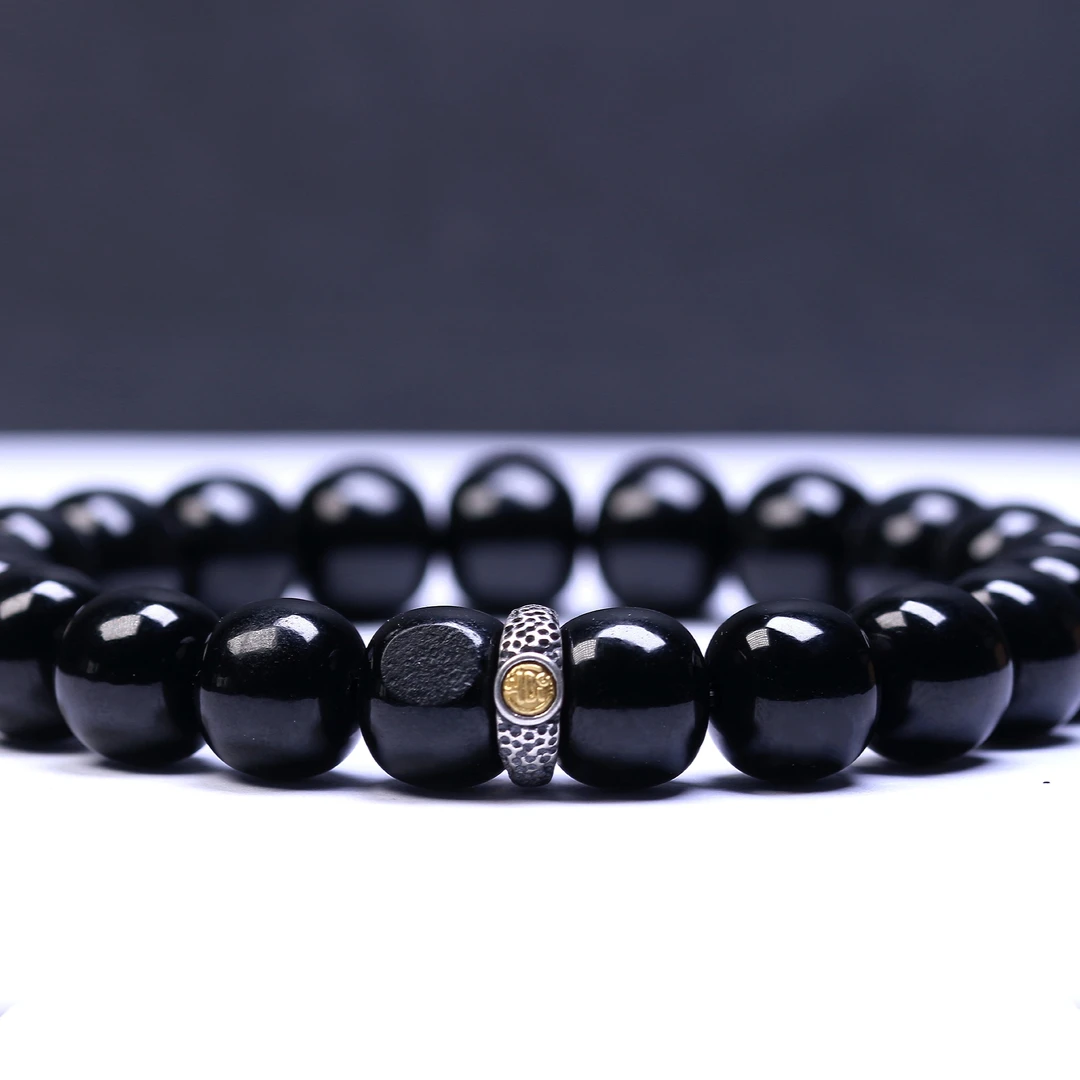 【左遇】和田玉留皮黑青10mm老型手串单圈黑羊脂塔青黑色黑青籽轻奢