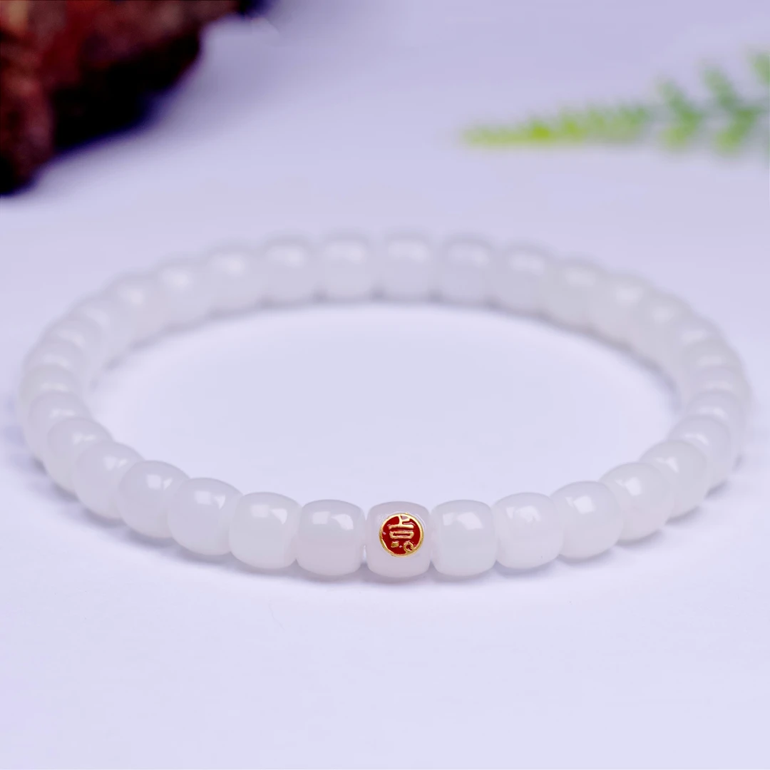 【左遇】和田玉金山羊脂直切7-8mm单圈手串极限弧且末羊脂白玉叠戴