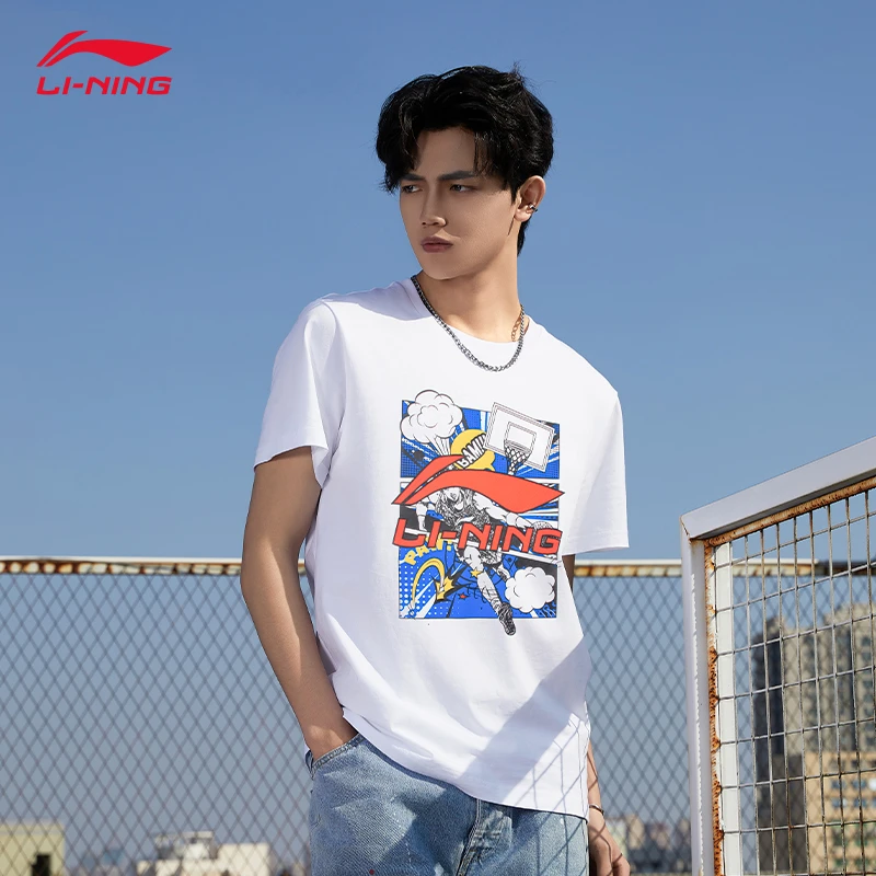李宁潮流短袖男款漫画大LOGO字母圆领套头短袖休闲百搭印花T恤