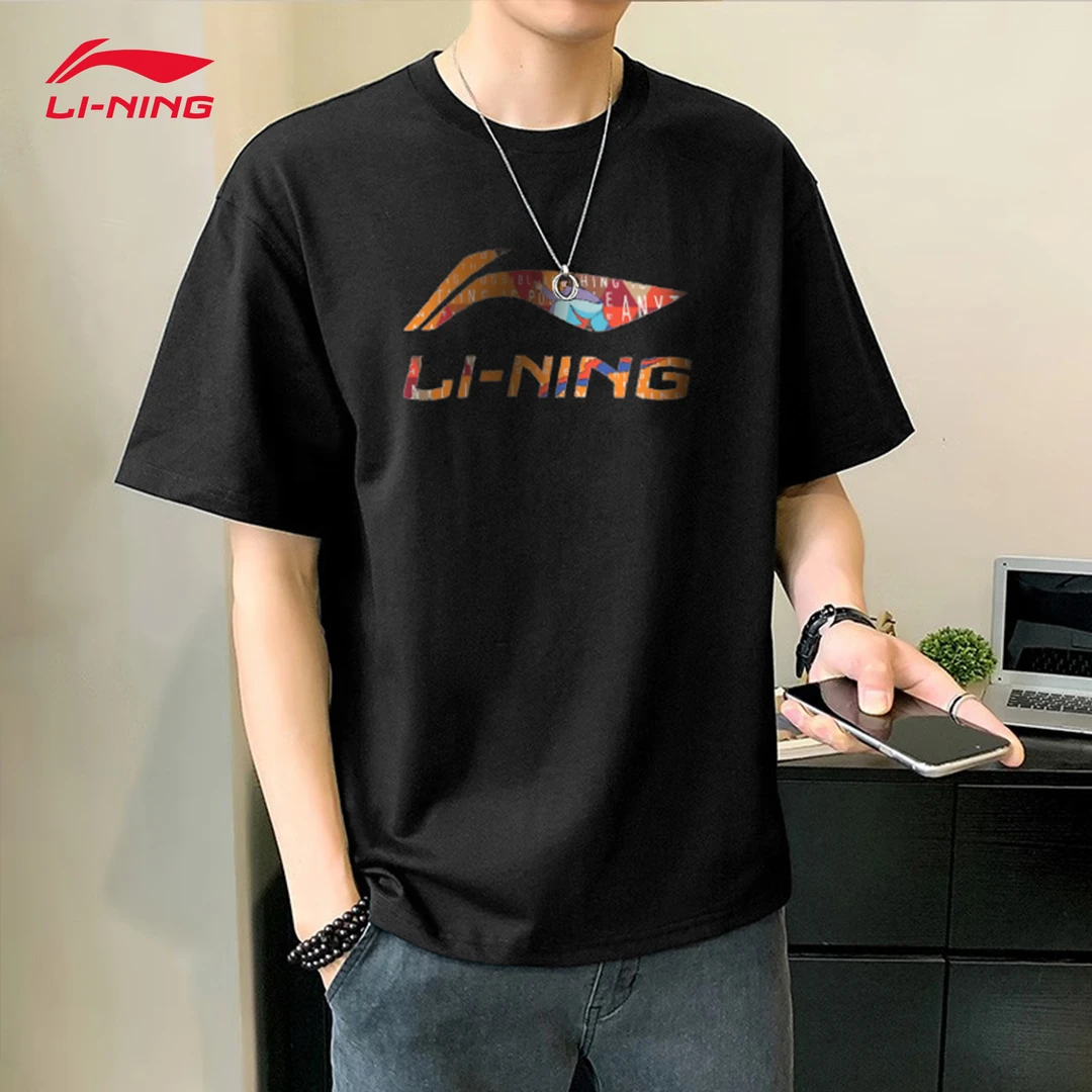李宁短袖男款官方正品夏季纯棉休闲潮流圆领半袖印花Logo透气T恤