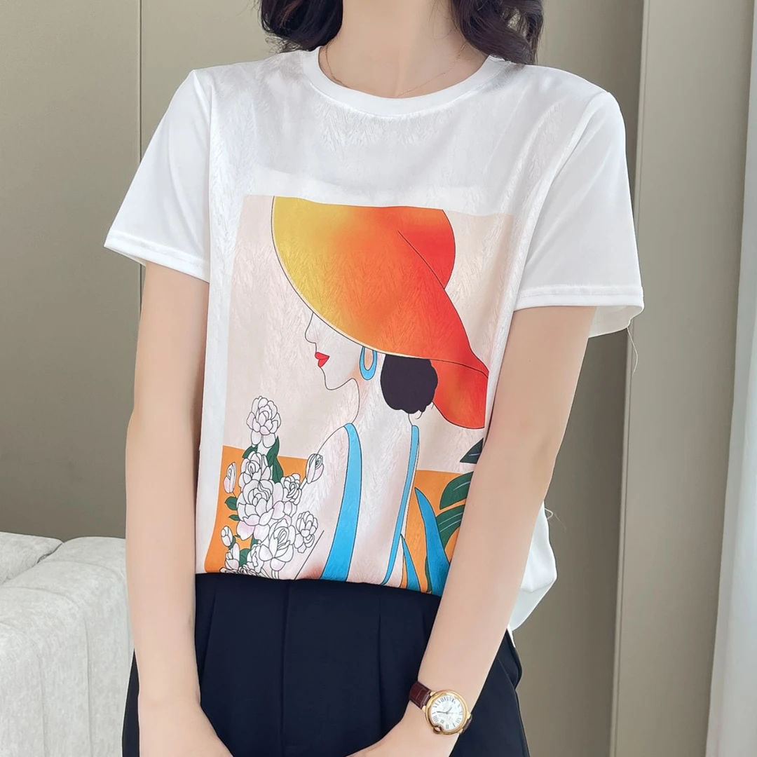 1000夏丝滑缎面冰凉感休闲女半袖T恤洋气AB拼接短袖