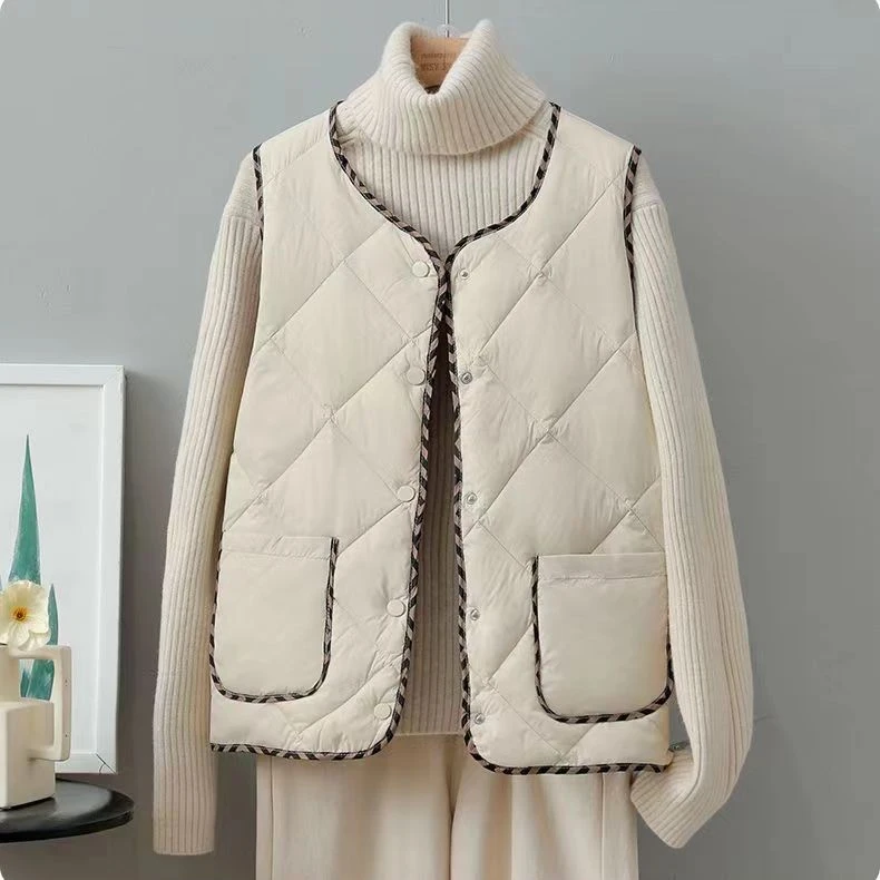 1699秋冬新款2023年气质百搭菱形格棉服马甲女短款显瘦休闲马夹女